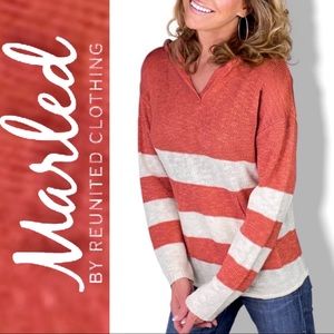 Marled by Reunited Clothing Striped Coral/Off White Hooded Sweater NWOT Small